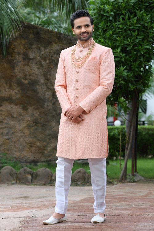 Picture of Pleasing Soft Art Silk Peach Puff Wedding Sherwani