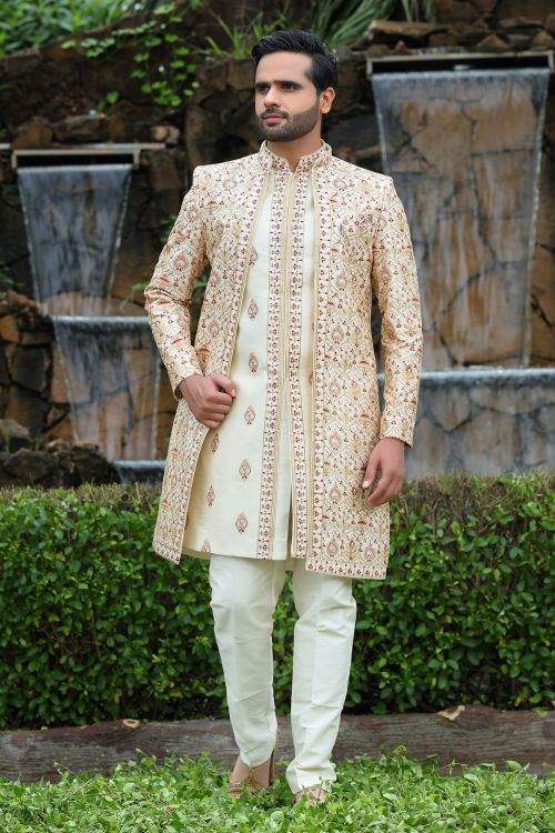 Picture of Charming Soft Art Silk Cream Wedding Sherwani