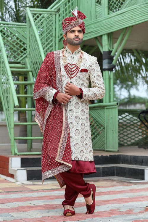 Picture of Lovely Soft Art Silk Off White Wedding Sherwani