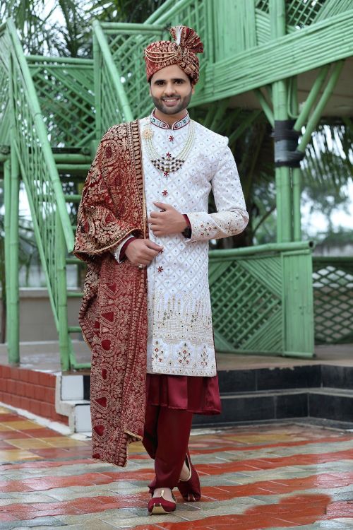 Picture of Magnificent Soft Art Silk White Wedding Sherwani