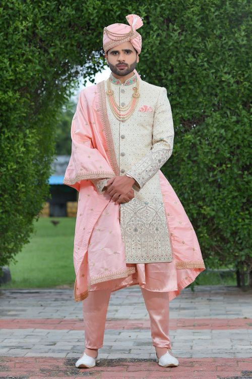 Picture of Grand Soft Art Silk Cream Wedding Sherwani