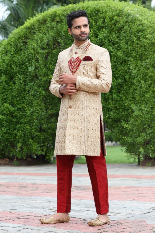 Picture of Enticing Soft Art Silk Cream Wedding Sherwani