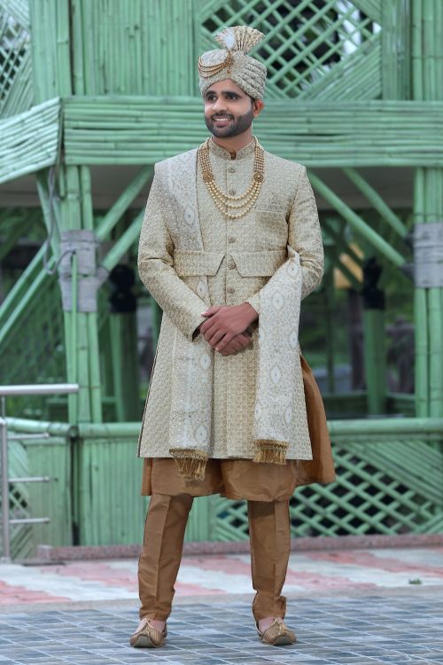 Picture of Sightly Soft Art Silk Cream Wedding Sherwani