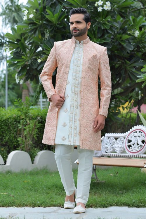 Picture of Wonderful Soft Art Silk Off White & Peach Wedding Sherwani