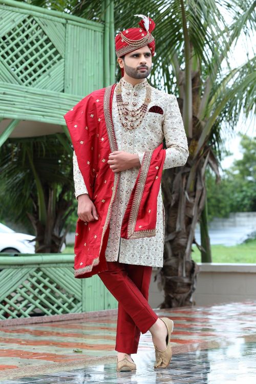 Picture of Designer Soft Art Silk Off White Wedding Sherwani