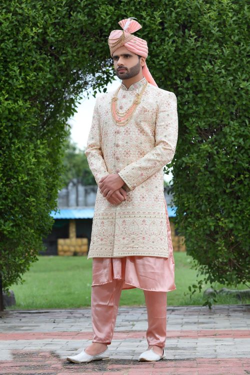 Picture of Nice Soft Art Silk Cream Wedding Sherwani