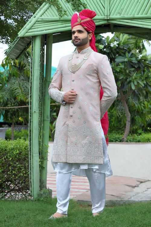 Picture of Magnificent Soft Art Silk Light Pink Wedding Sherwani