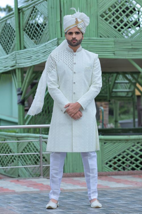 Picture of Bewitching Soft Art Silk Off White Wedding Sherwani