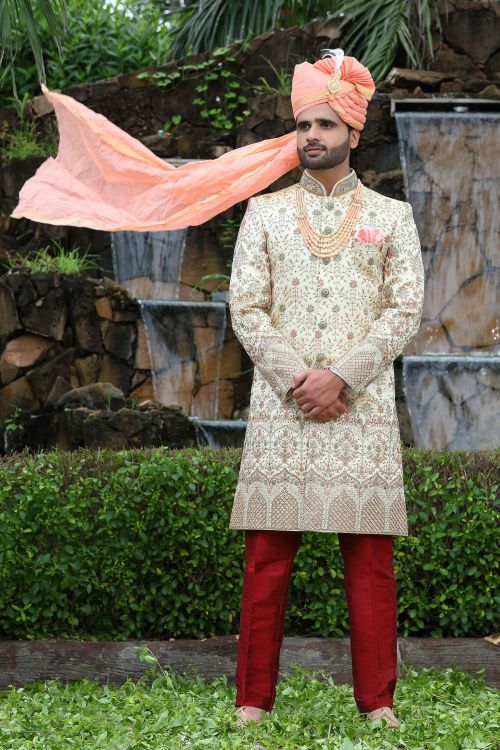 Picture of Ravishing Soft Art Silk Cream Wedding Sherwani