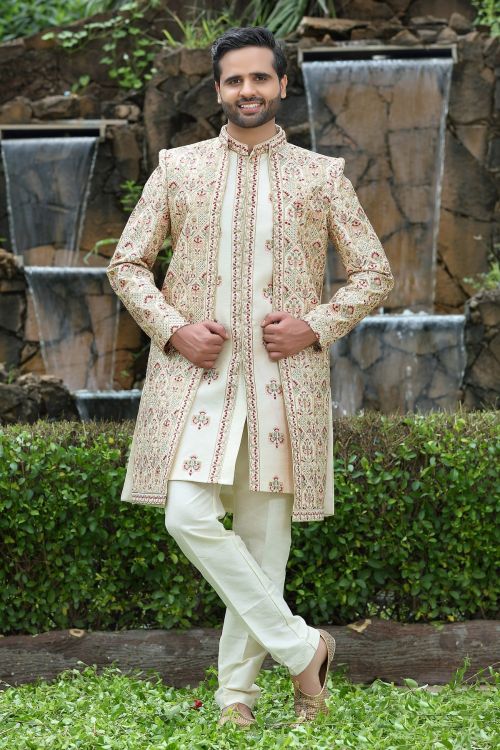 Picture of Marvelous Soft Art Silk Cream Wedding Sherwani