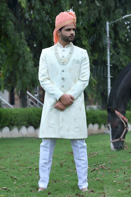 Picture of Shapely Soft Art Silk Off White Wedding Sherwani