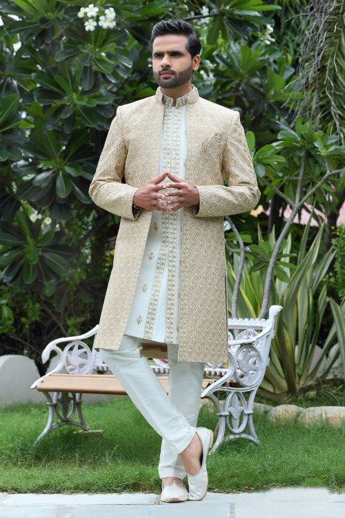 Picture of Sightly Soft Art Silk Off White & Cream Wedding Sherwani