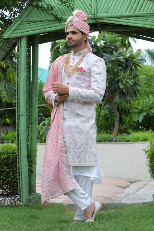 Picture of Elegant Soft Art Silk Off White Wedding Sherwani