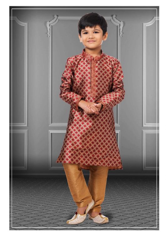 Picture of Good Looking Jacquard Silk Maroon Kurta Pajama