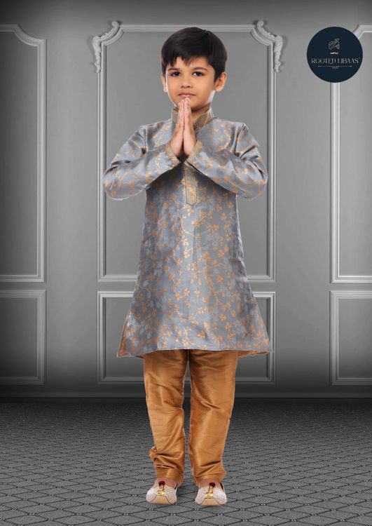 Picture of Elegant Jacquard Silk Grey Kurta Pajama