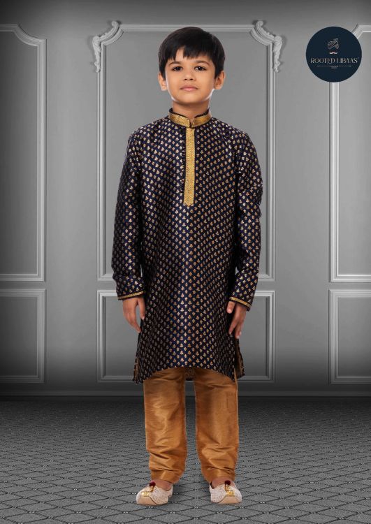 Picture of Shapely Jacquard Silk Navy Blue Kurta Pajama