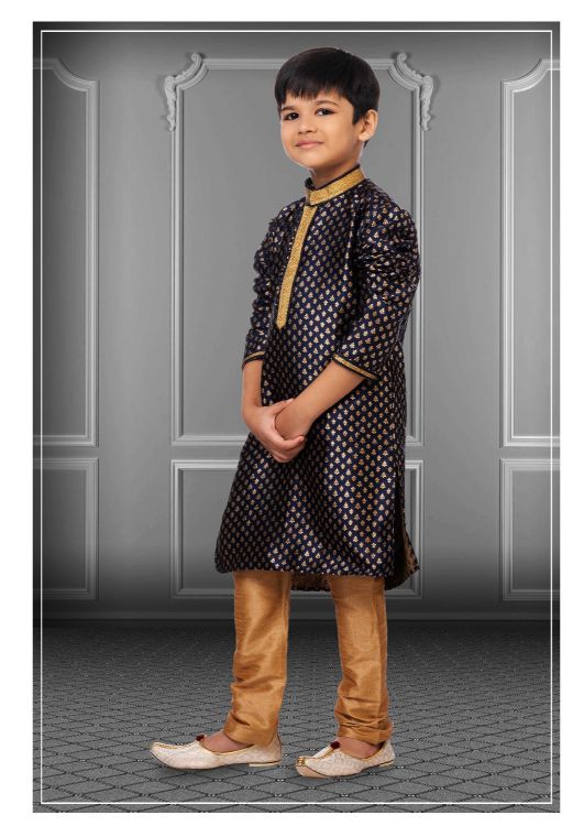 Picture of Shapely Jacquard Silk Navy Blue Kurta Pajama