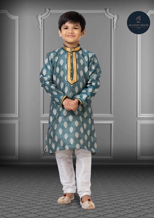 Picture of Pretty Jacquard Silk Teal Kurta Pajama