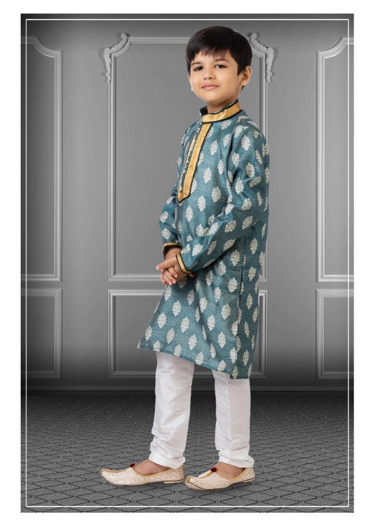 Picture of Pretty Jacquard Silk Teal Kurta Pajama