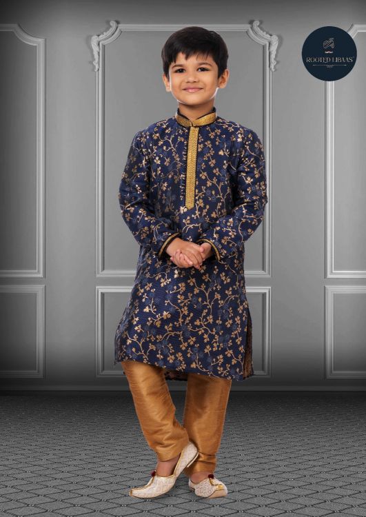 Picture of Shapely Jacquard Silk Navy Blue Kurta Pajama