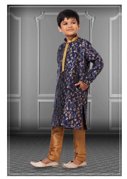 Picture of Shapely Jacquard Silk Navy Blue Kurta Pajama