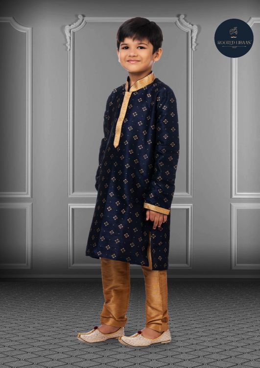 Picture of Statuesque Printed Dhupion Silk Navy Blue Kurta Pajama