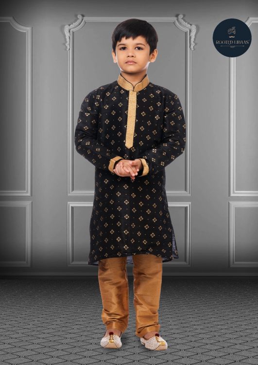 Picture of Shapely Printed Dhupion Silk Black Kurta Pajama