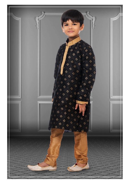 Picture of Shapely Printed Dhupion Silk Black Kurta Pajama