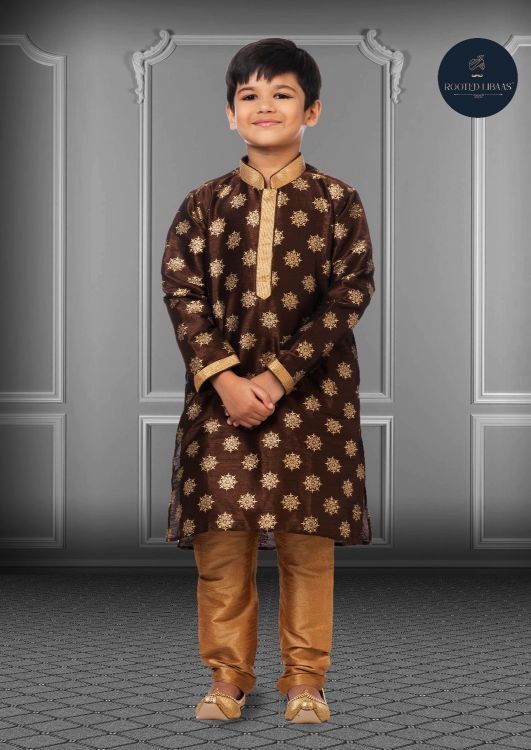 Picture of Lovely Printed Dhupion Silk Brown Kurta Pajama