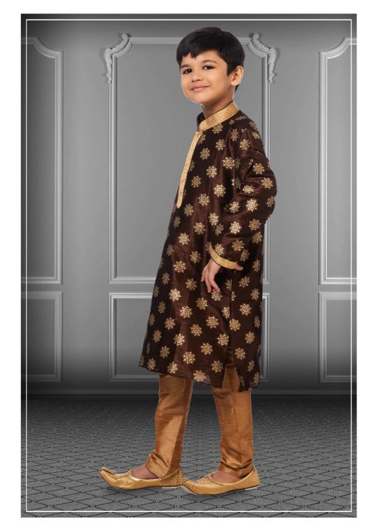 Picture of Lovely Printed Dhupion Silk Brown Kurta Pajama