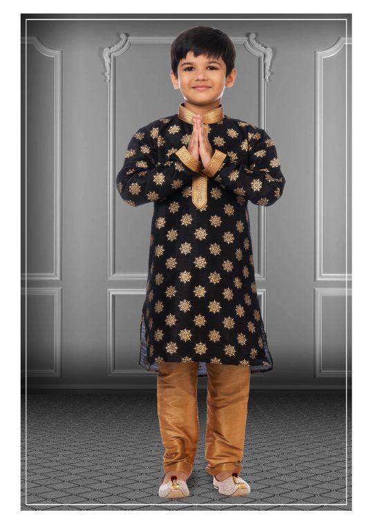 Picture of Bewitching Printed Dhupion Silk Black Kurta Pajama