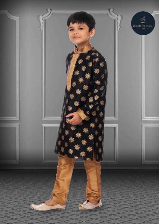 Picture of Bewitching Printed Dhupion Silk Black Kurta Pajama
