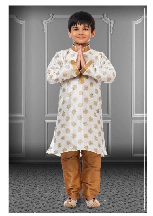 Picture of Elegant Printed Dhupion Silk White Kurta Pajama