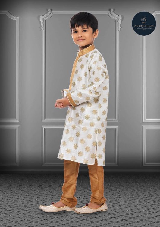 Picture of Elegant Printed Dhupion Silk White Kurta Pajama