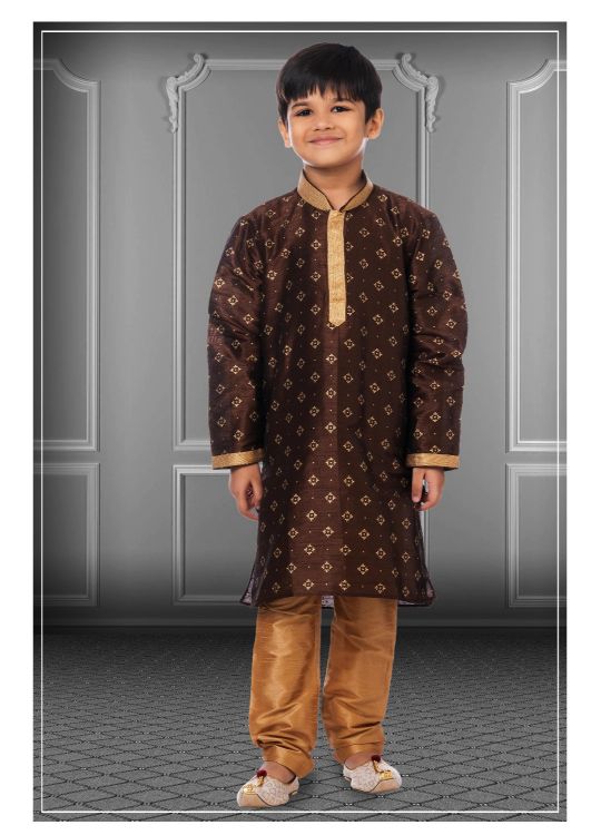 Picture of Pretty Printed Dhupion Silk Brown Kurta Pajama