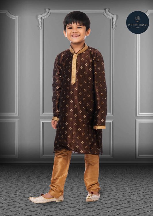 Picture of Pretty Printed Dhupion Silk Brown Kurta Pajama