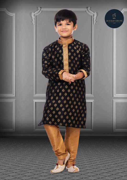 Picture of Nice Printed Dhupion Silk Black Kurta Pajama