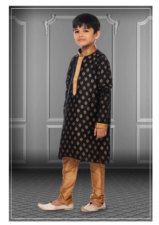 Picture of Nice Printed Dhupion Silk Black Kurta Pajama