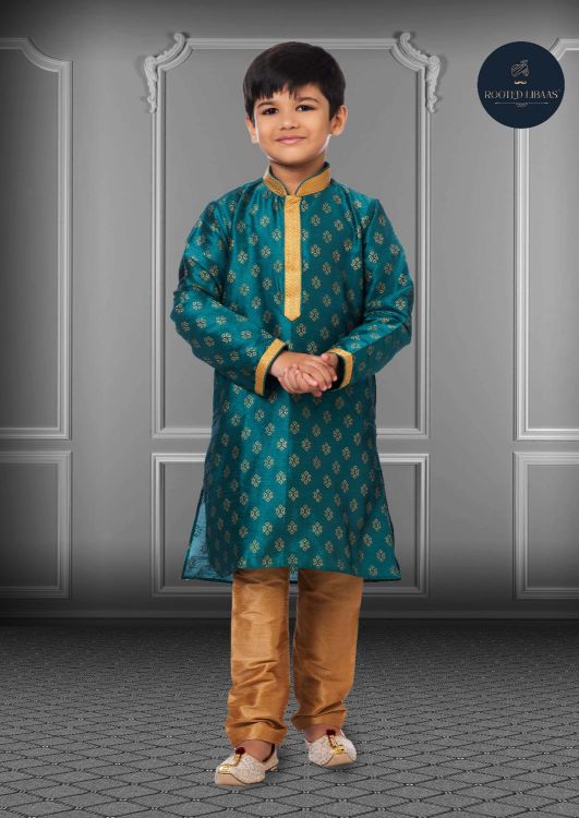 Picture of Delightful Printed Dhupion Silk Rama Blue Kurta Pajama