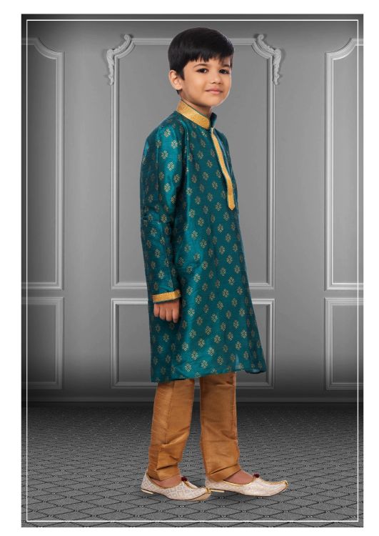 Picture of Delightful Printed Dhupion Silk Rama Blue Kurta Pajama