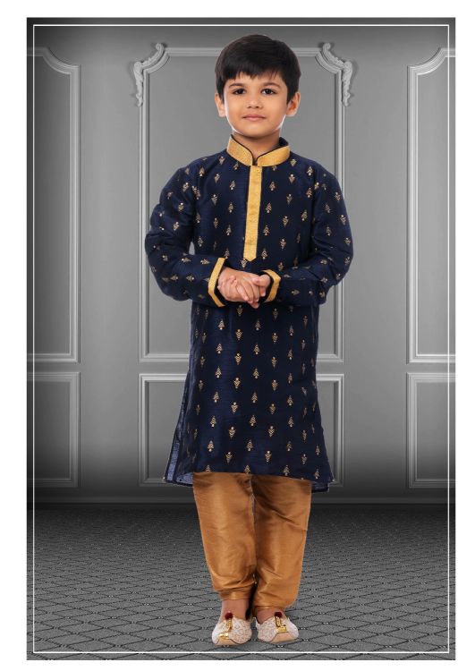 Picture of Enticing Printed Dhupion Silk Navy Blue Kurta Pajama