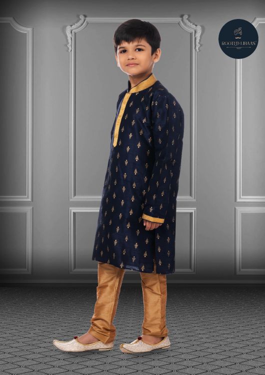 Picture of Enticing Printed Dhupion Silk Navy Blue Kurta Pajama