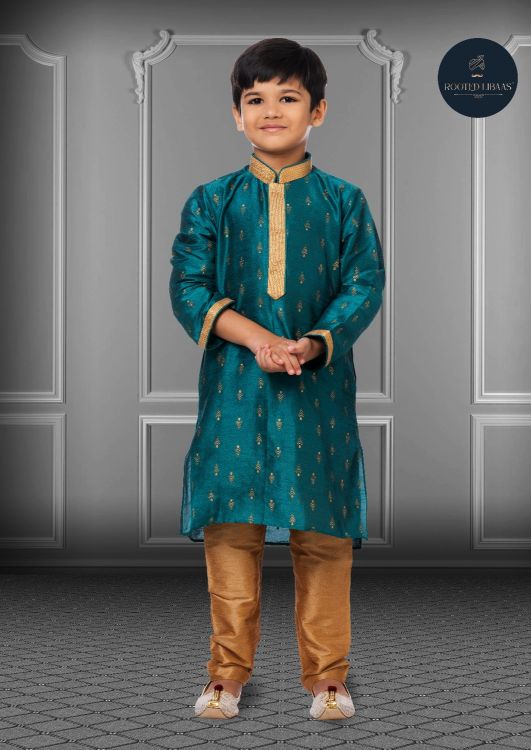 Picture of Resplendent Printed Dhupion Silk Rama Blue Kurta Pajama