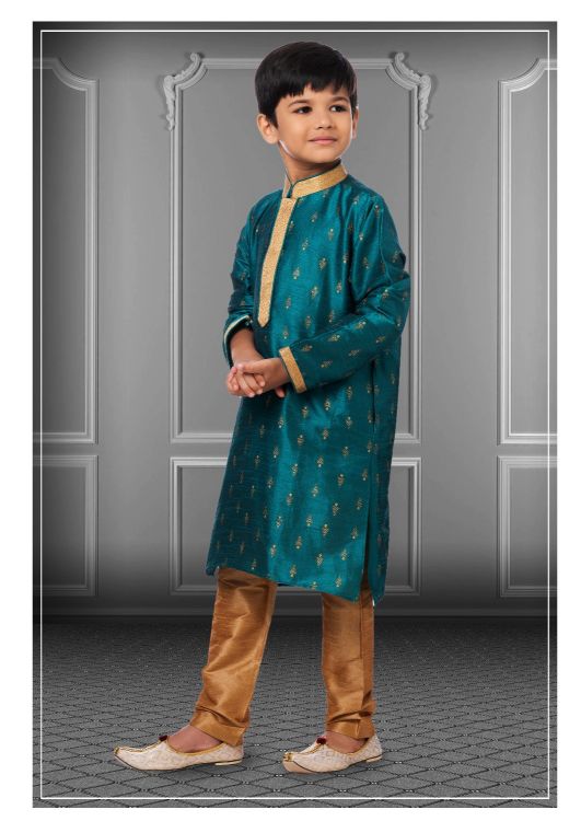 Picture of Resplendent Printed Dhupion Silk Rama Blue Kurta Pajama
