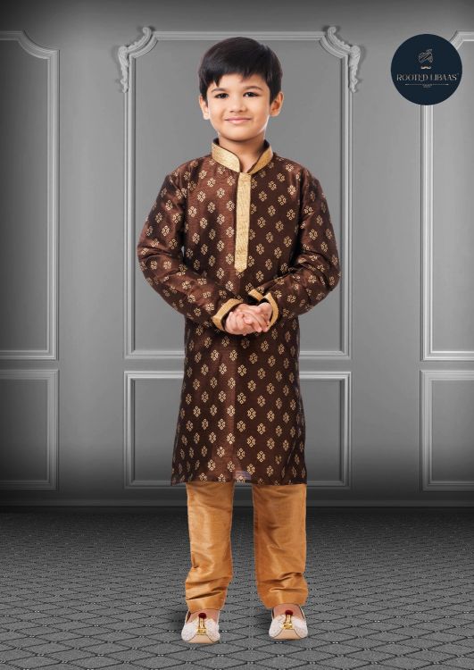 Picture of Nice Printed Dhupion Silk Brown Kurta Pajama