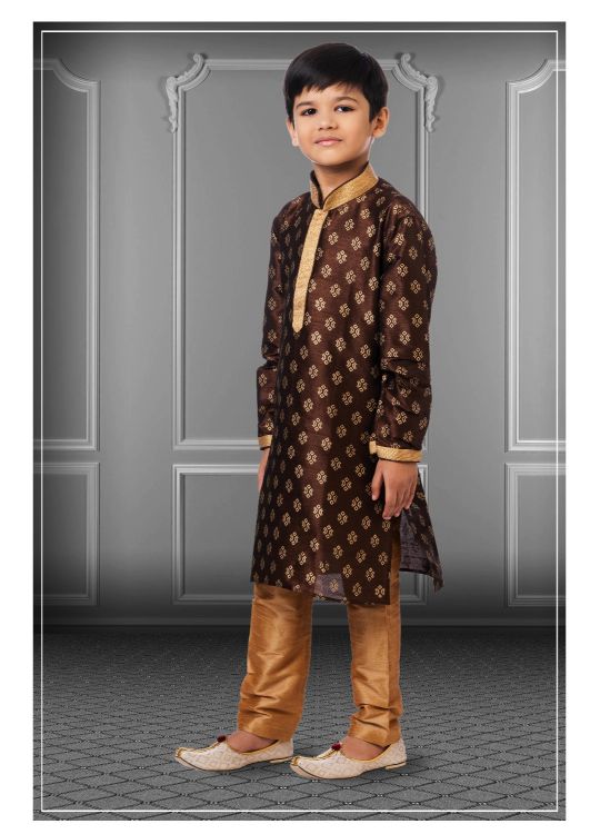 Picture of Nice Printed Dhupion Silk Brown Kurta Pajama