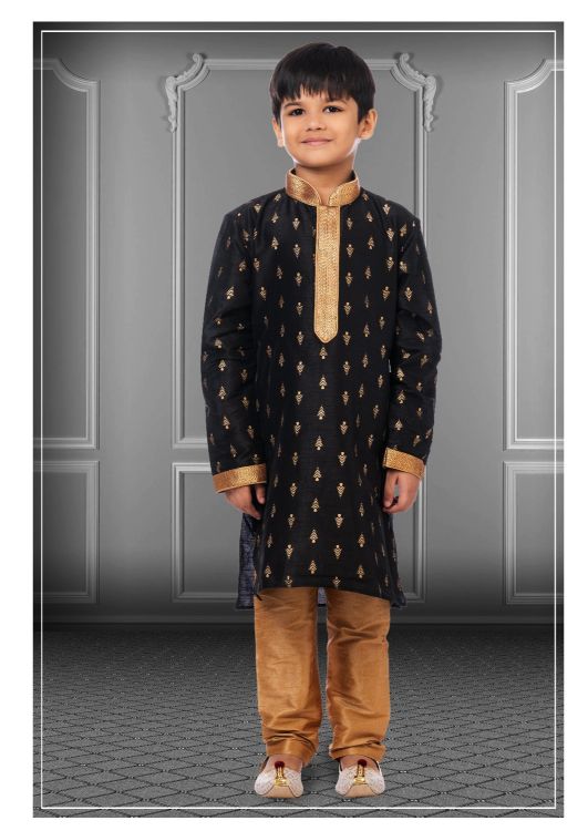 Picture of Beauteous Printed Dhupion Silk Black Kurta Pajama
