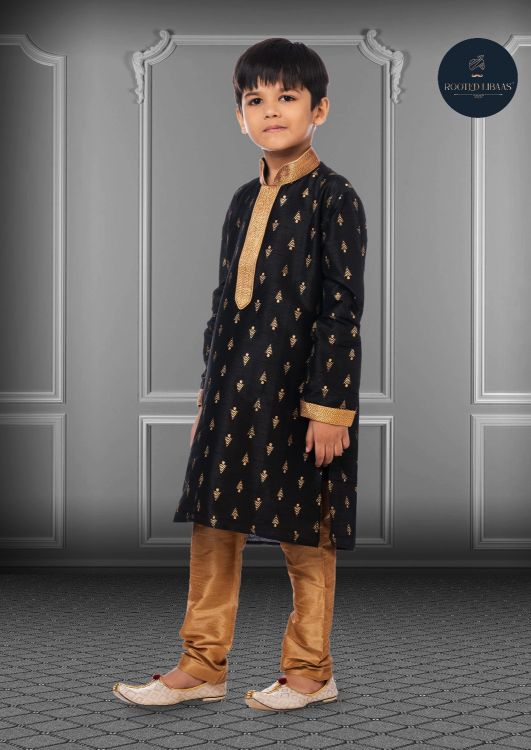 Picture of Beauteous Printed Dhupion Silk Black Kurta Pajama