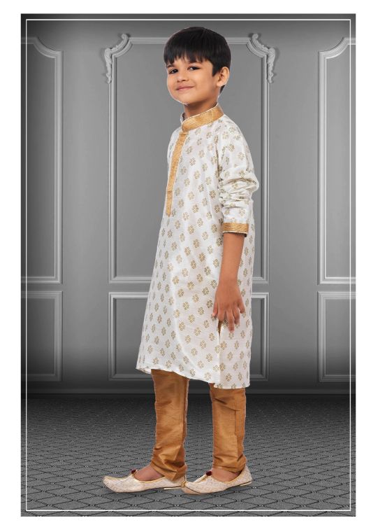 Picture of Gorgeous Printed Dhupion Silk White Kurta Pajama
