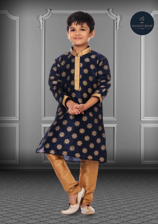 Picture of Splendid Printed Dhupion Silk Navy Blue Kurta Pajama